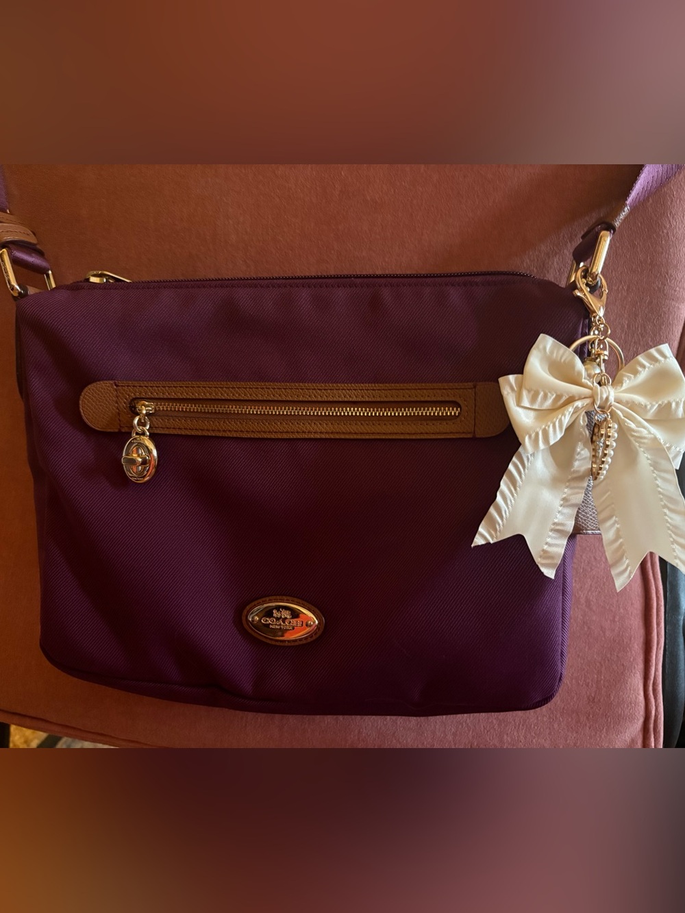 Coach Plum Crossbody Bag with Tan Leather and Gold Hardware